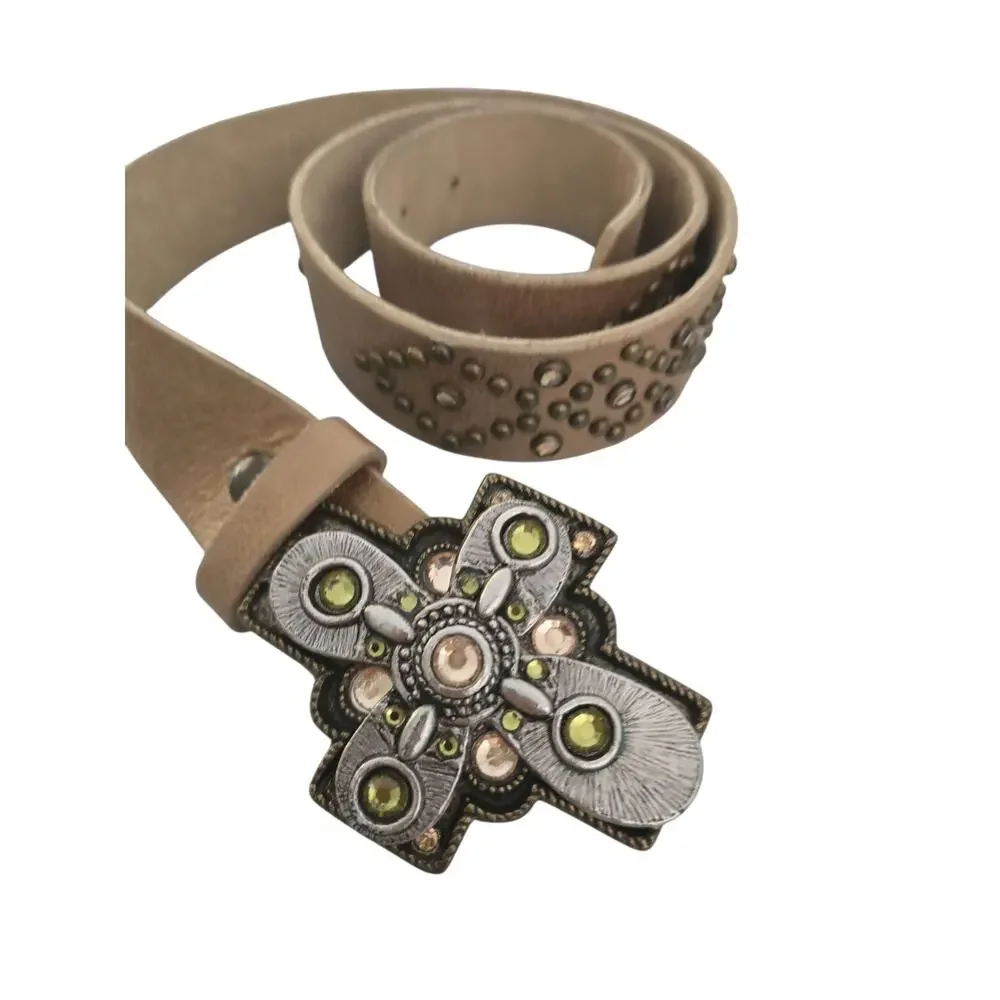 Vintage Leatherock studded belt with cross buckle.